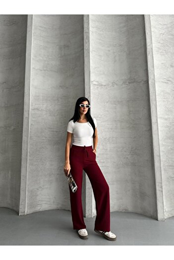 FERZOLAİO Ribbed Wide Leg Burgundy Bottom Tracksuit