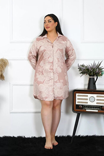 emosavm Fashion Women's Plus Size Cotton Buttoned Long Sleeve Mink Tunic Nightgown