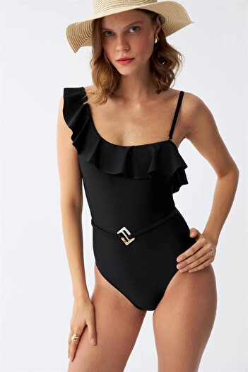 emosavm Fashion Women's One Shoulder Ruffled Swimsuit Black