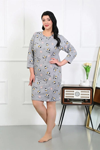 emosavm Fashion Women's Plus Size Combed Cotton Nightgown Home Dress Gray