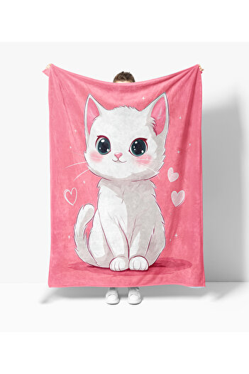 Home Cute White Cat Kitty Patterned Fleece Tv Blanket Polar Soft Blanket