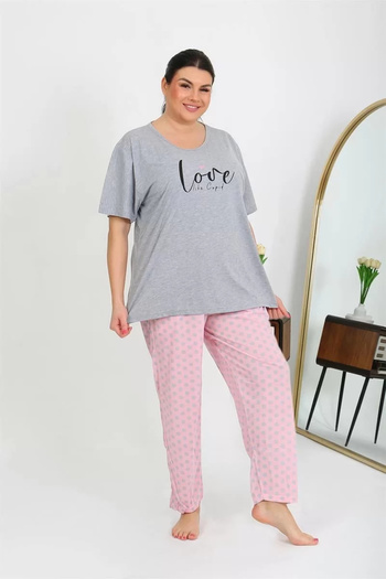 emosavm Fashion Women's Plus Size Short Sleeve Combed Cotton Pajama Set Gray