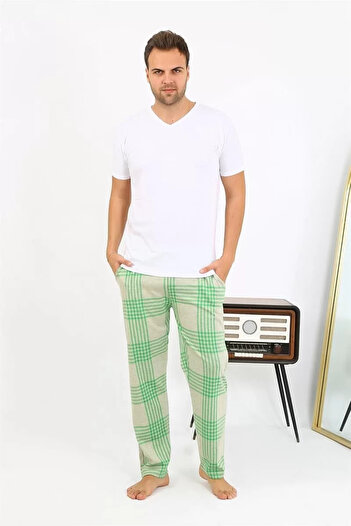 emosavm Fashion Men's Plaid Pattern Combed Cotton Single Bottom Pajamas Green
