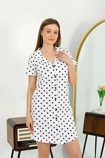 emosavm Fashion Women's Cotton Combed Short Sleeve Buttoned White Tunic Nightgown