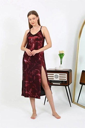 emosavm Fashion Women's Rope Strap Long Shiny Micro Dress Nightgown Burgundy