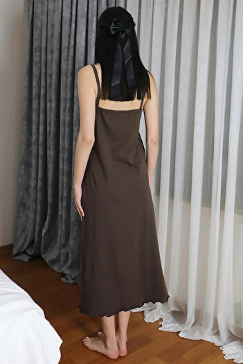 emosavm Fashion Women's Rope Strap Long Slit Cotton Combed Nightgown Coffee