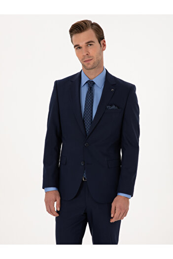 Cacharel Lacivert Slim Fit Yün Karışımlı Mikro Desenli Takım Elbise 50318023-VR033