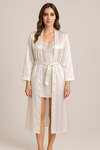 cherry queen Women's White Premium Satin Lace Nightgown & Robe Set – Stylish and Elegant Loungewear