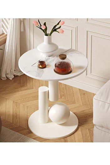 Generic Side Table - Marble Wood and Metal, White - 40×55 cm