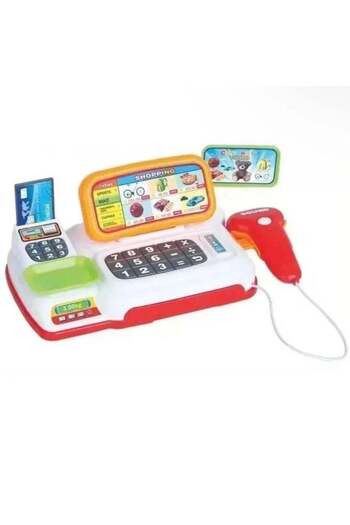 Toybox Cash Register for Kids Pretend Play Cashier Toy with Electronic Sounds, Scanner, Grocery Food, Prete