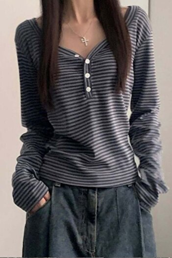 Karakedi Smoked Black Striped Buttoned Street Y2K Long Sleeve Crop Body