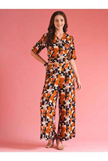 Globus By Styli Multi Abstract Wrap Top and Palazzos Co-Ords
