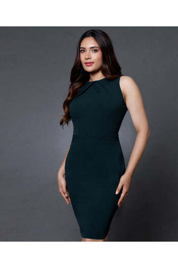Zigzag Neck Pleated Bodycon Green Dress