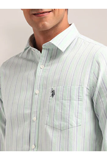 U.S. Polo Assn. Men's Green Tailored Fit Vertical Striped Shirt