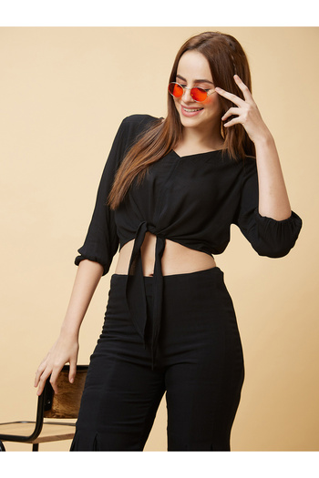 Globus By Styli Black Casual Crop Top and Flared Pants Co-Ords