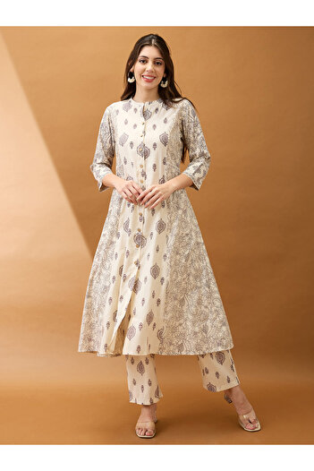 Globus By Styli Beige Ethnic Print A-Line Kurta and Straight Pants Set