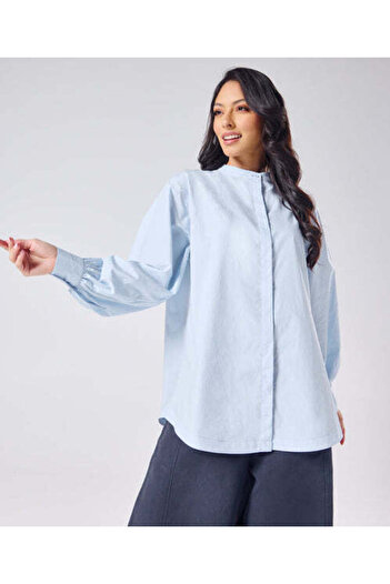 Zigzag Mandarin Collar Cotton Oversized Shirt- Baby Blue