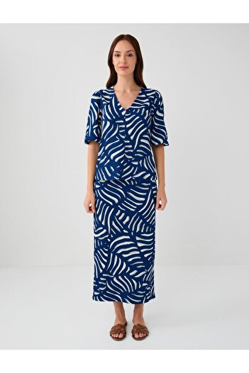Jimmy Key Navy Blue Regular Waist Straight Cut Patterned Woven Midi Skirt