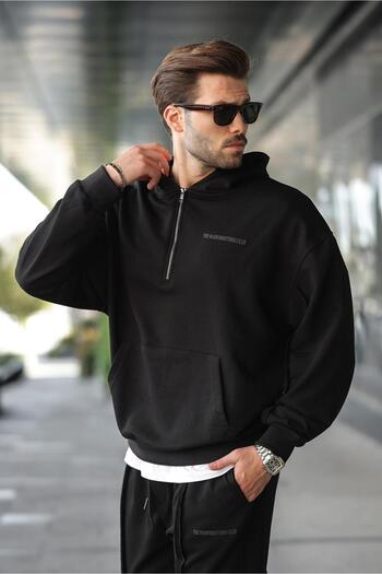Madmext Black Half Zipper Hooded Men's Tracksuit Set E7332