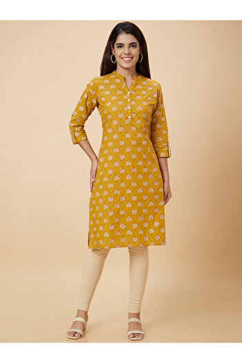 Globus By Styli Women Mustard Printed Straight Kurta
