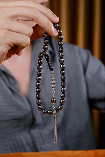 dergah tesbih Solid Brass Wrapped Silver Tassel Oltu Stone Rosary