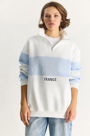 Bianco Lucci Women's Half Zipper Embroidery Detailed Color Block Oversize Sweatshirt 10001 60283561