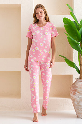 GİYSA Women's Crew Neck Short Sleeve Patterned Pajama Set - 6016