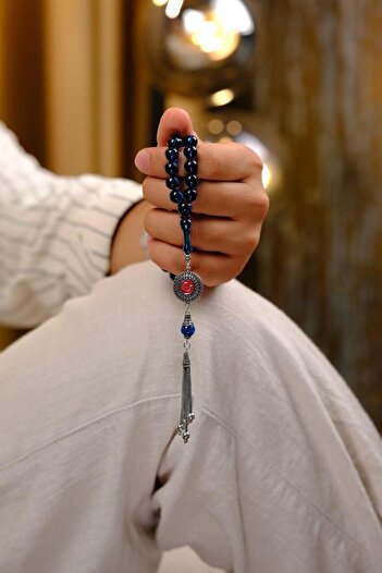 dergah tesbih Silver Crescent and Star Design Blue Fire-I Amber Prayer Beads