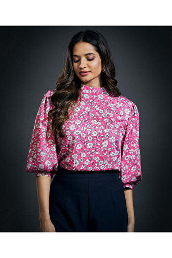 Zigzag Puffed Long Sleeve Satin Top-Pink