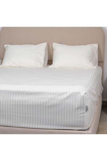 Bed N Home SA Satin fitted bed sheet set, striped, 1 cm, off-white, 100% Egyptian cotton, 350 thread count, 2 pillowcases, 100*200 cm