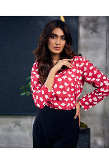 Zigzag Long Sleeve Gathered Red Printed Top