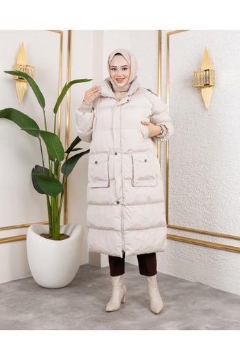 Hb Harma Time Butik Women's Hooded Zippered Pocket Long White Coat