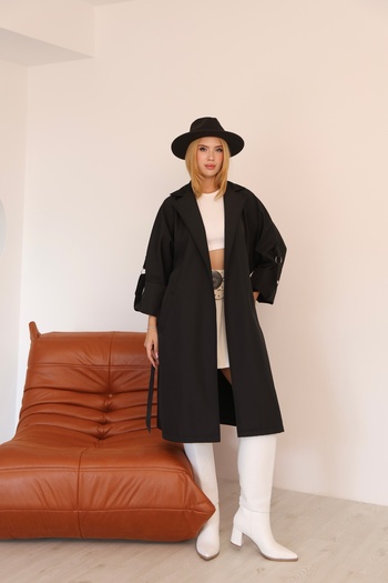 QUBERZ Women's Long Trench Coat – Black, Mink, Brown, Beige & Seasonal Cap with Leopard Detail