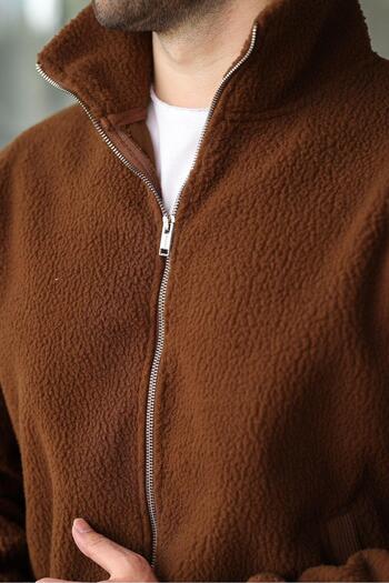Madmext Brown Zippered Stand Collar Men's Fleece Cardigan E7166