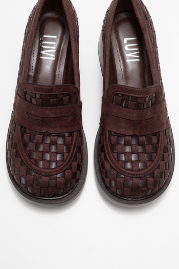 LuviShoes Marlon Brown Braided Women's Thick Heeled Loafer Shoes