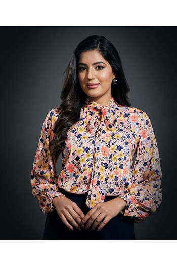 Zigzag Neck Tie Long Sleeve Satin Top