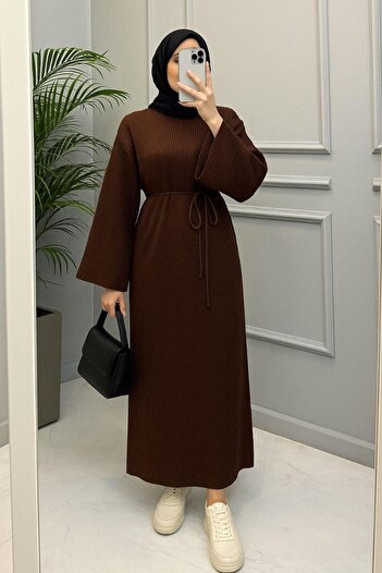 AXXAN Lace-Up Turtleneck Knit Dress Wide Sleeves Standard Size Muslim Dress 138 Centimeters Long