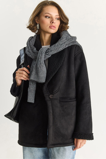 Bianco Lucci Women's Fur Lined Pocket Detailed Shawl Collar Suede Coat 2656 60281560
