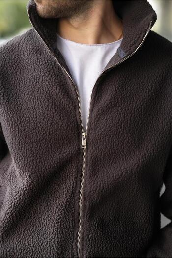 Madmext Smoked Zippered Stand Collar Men's Fleece Cardigan E7166