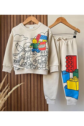 KidsSel New Season Boys' Printed Model Cotton Fabric Top and Bottom Set