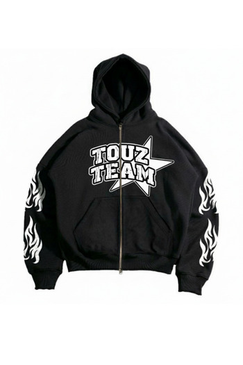 Touz Moda Streetwear Printed Oversize Zippered Black Unisex Hooded Cardigan