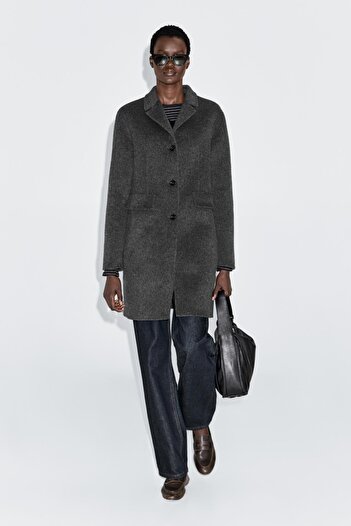 Massimo Dutti Katlı yaka yün karışımlı orta boy kaban