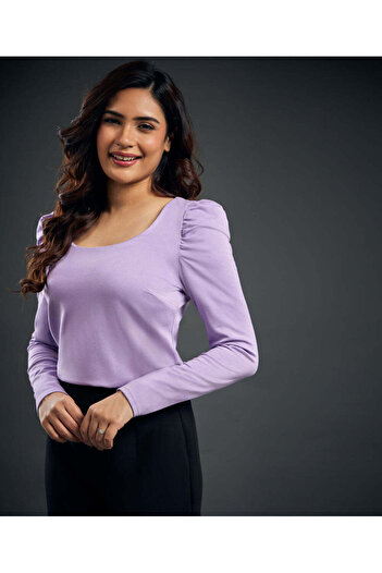 Zigzag Long Puff Sleeve Purple Ponte Top