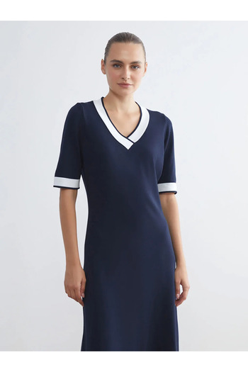 LC Waikiki Lcw Women's Dress Classic Navy Blue V-Neck Knit Dress