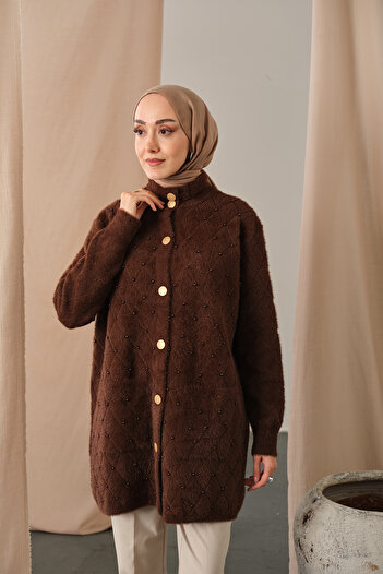 LOCCO Women's Pearl Detailed Knitwear Cardigan Brown