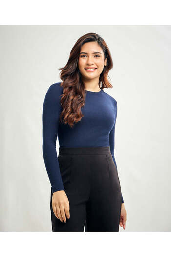 Zigzag Long Sleeve Round Neck Rib Top- Navy Blue