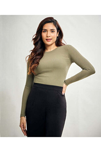 Zigzag Long Sleeve Round Neck Rib Top - Khaki Green