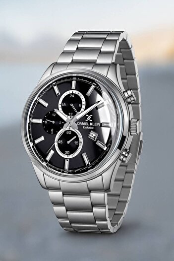 Daniel Klein Exclusive Men's Wristwatch – Black Dial – Steel Band – with Calendar & Chronograph Detail
