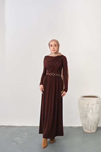 LOCCO Women's Gold Belted Pleated Detail Dress Brown