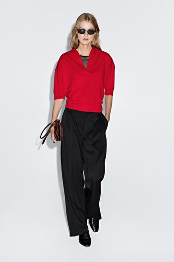 Massimo Dutti Yün karışımlı triko V yaka polo t-shirt
